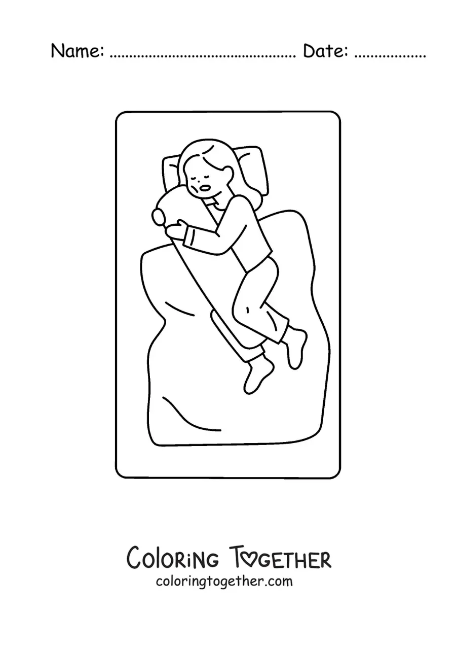 Coloring page of a girl asleep in her bed hugging a pillow