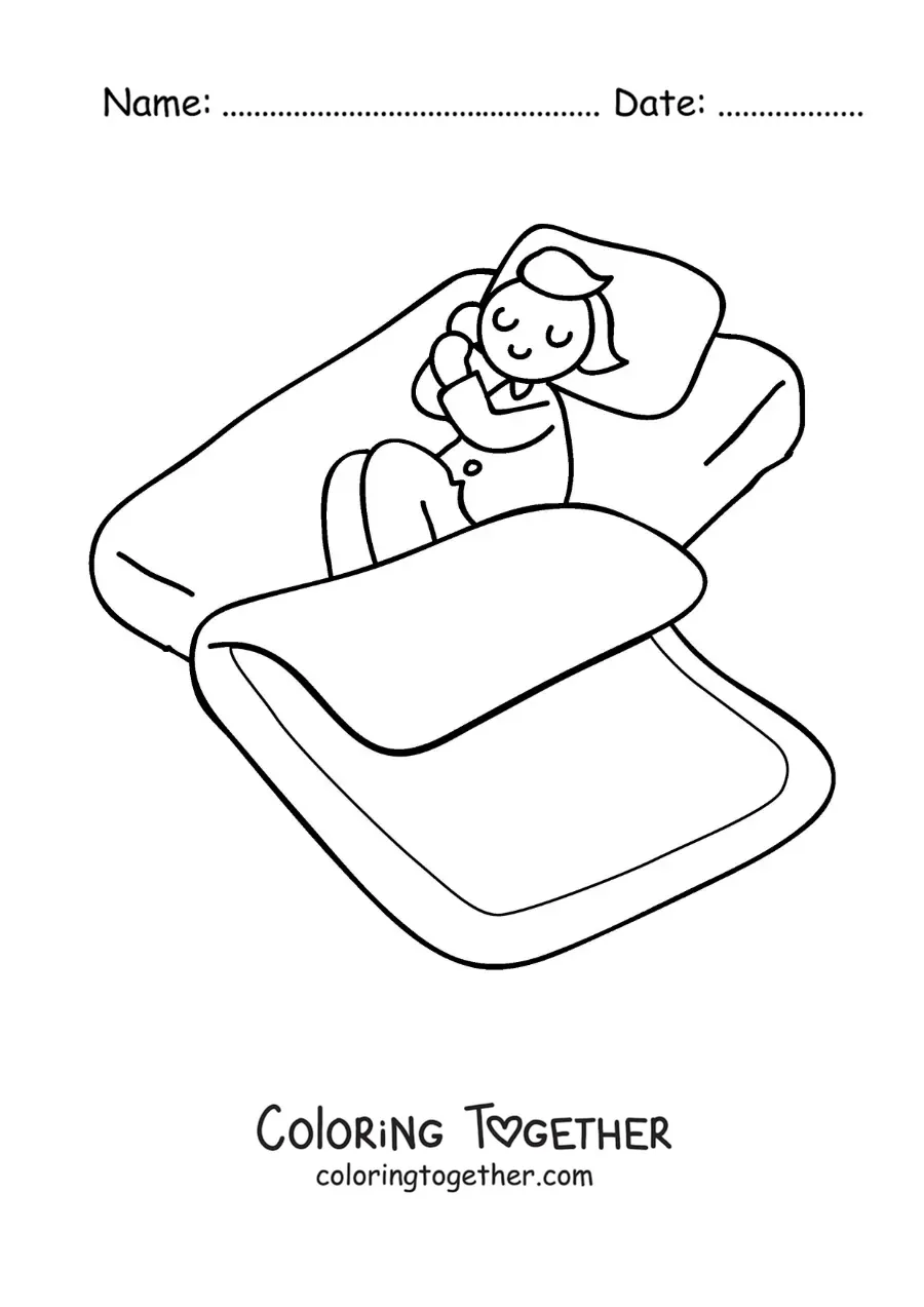 Coloring page of a boy asleep in his bed