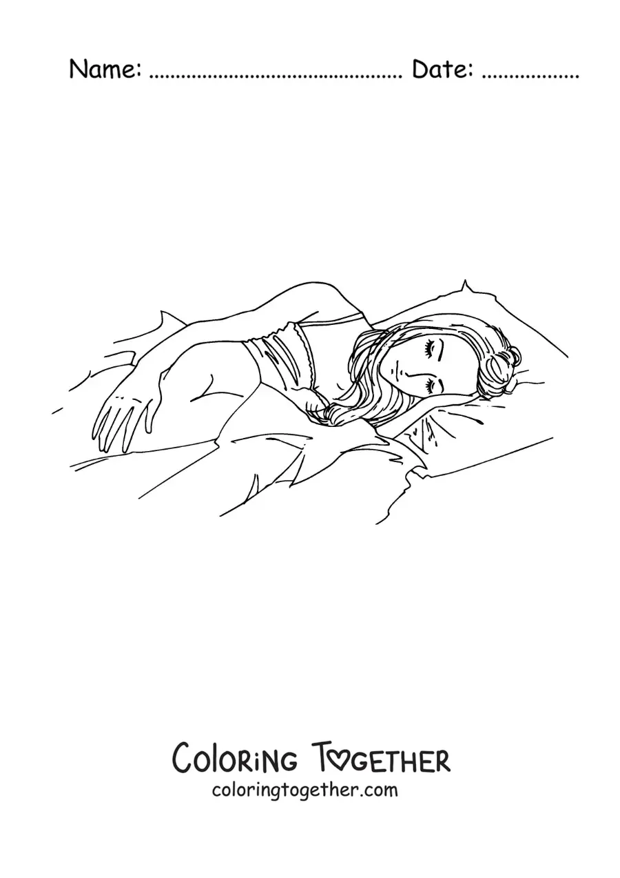 Coloring page of an anime girl sleeping in her bed
