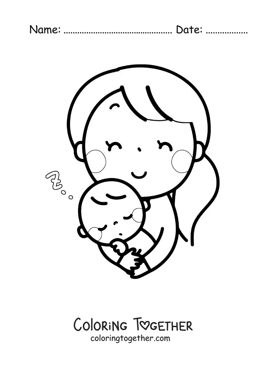 Coloring page of a mother lulling her baby to sleep in her arms