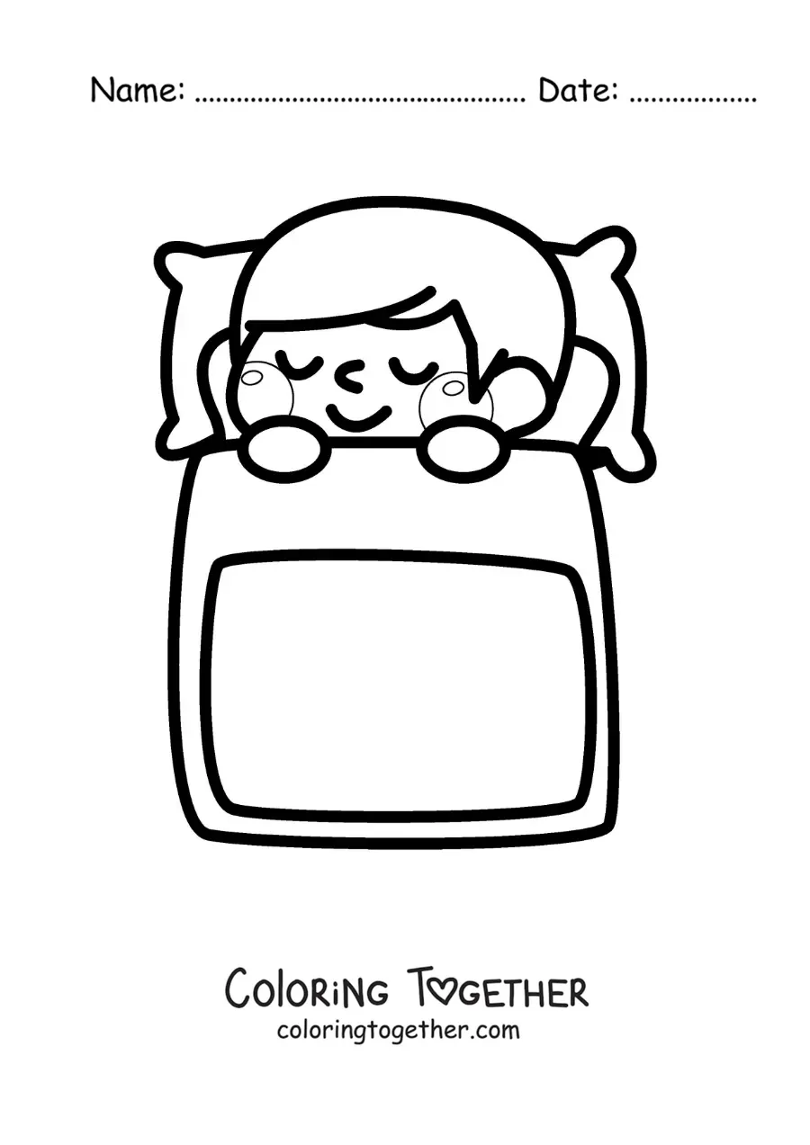 Coloring page of a kawaii girl sleeping in bed