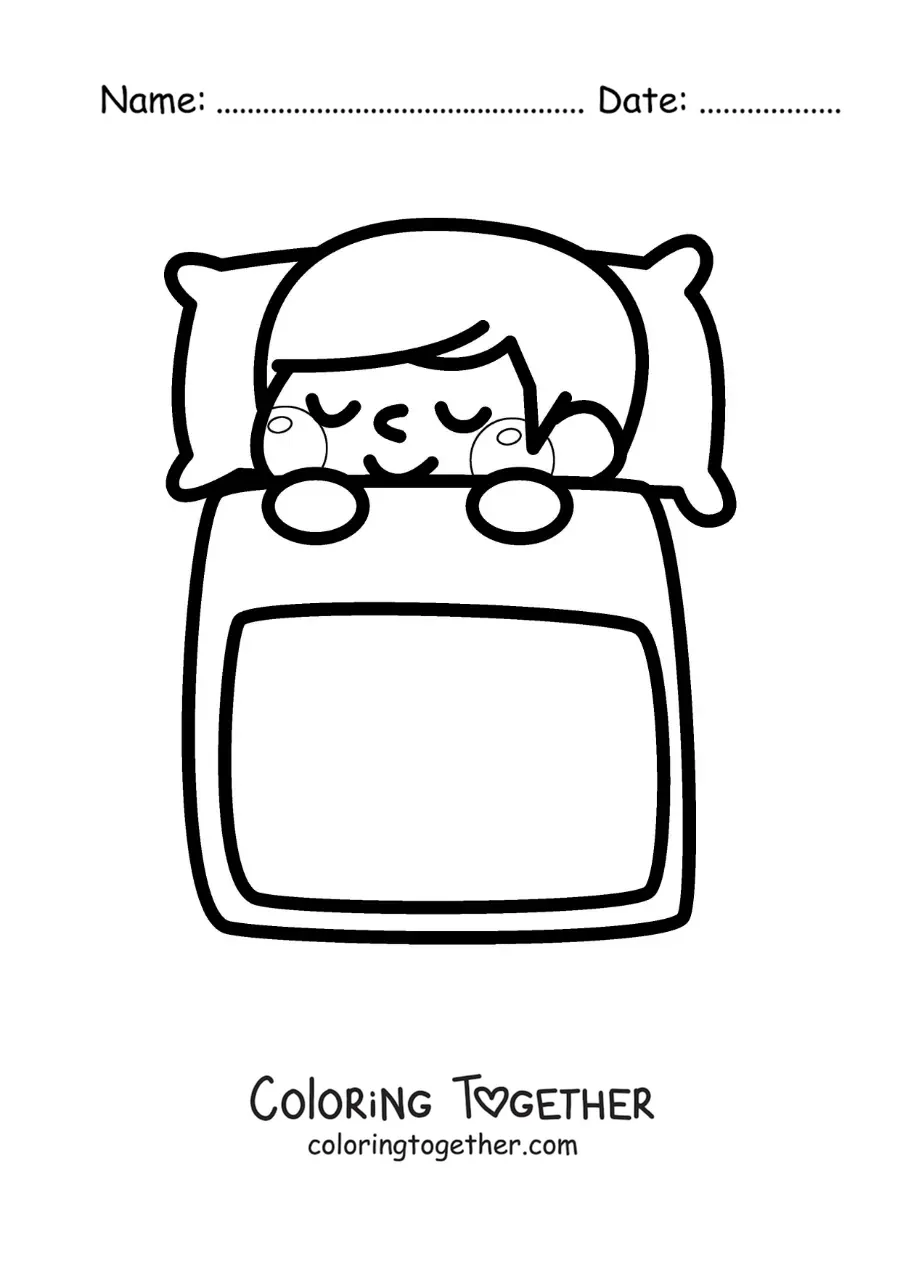 Coloring page of a kawaii boy sleeping in bed