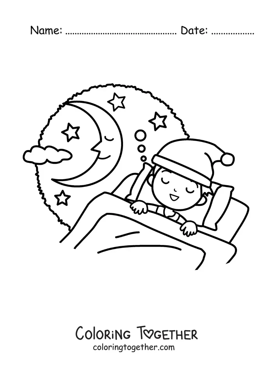 Coloring page of a boy asleep in his bed with the moon in the background