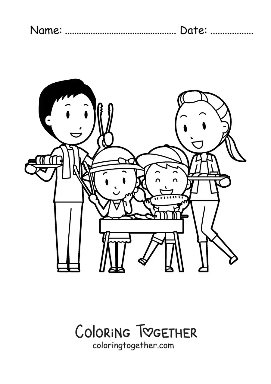 Coloring page of a family having a barbecue