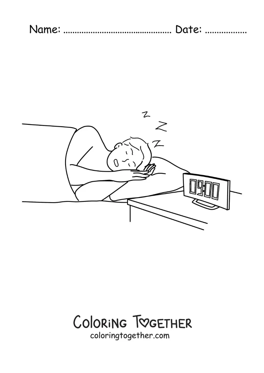 Coloring page of a young boy asleep in his bed with a clock showing 9 o'clock