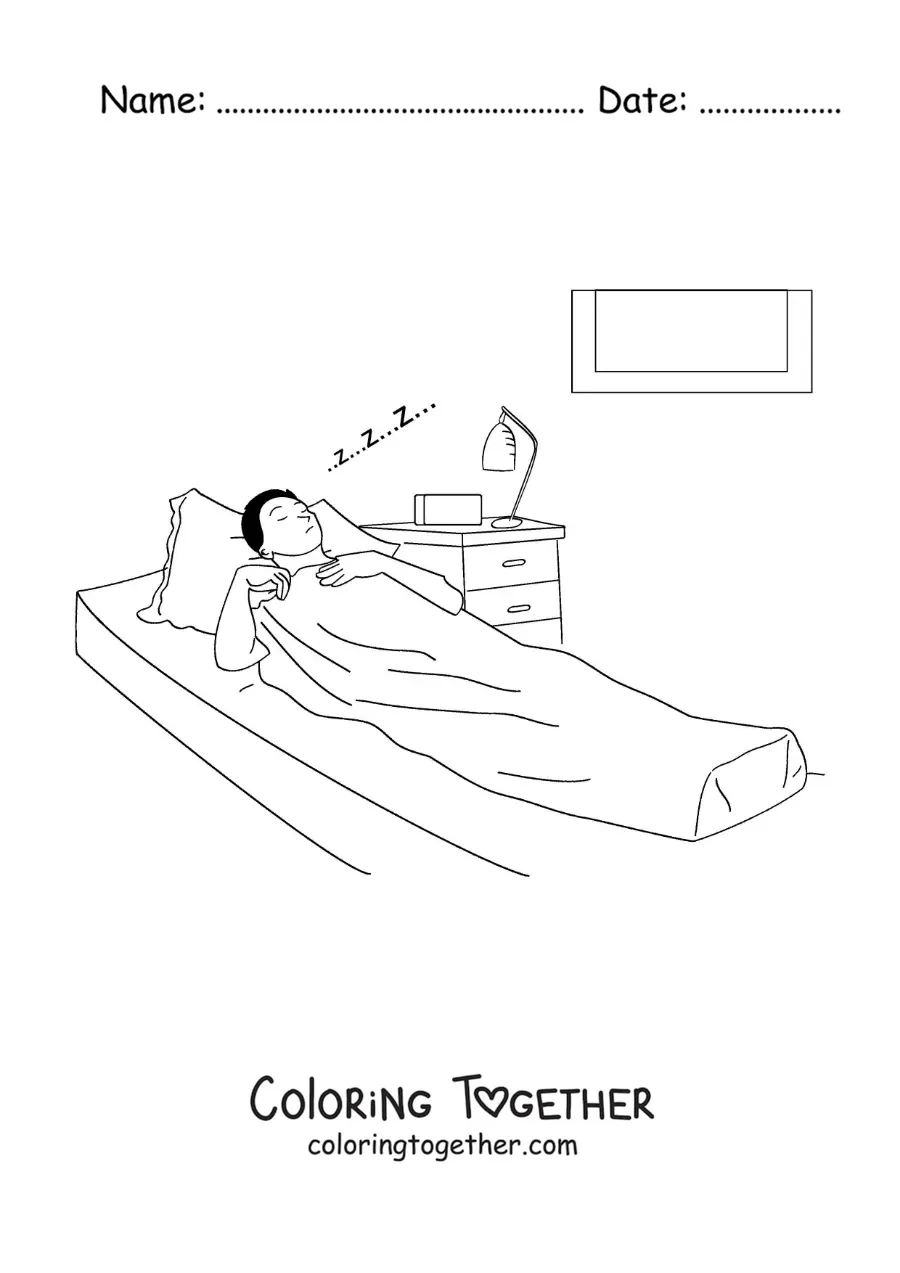 Coloring page of a man asleep in bed dreaming
