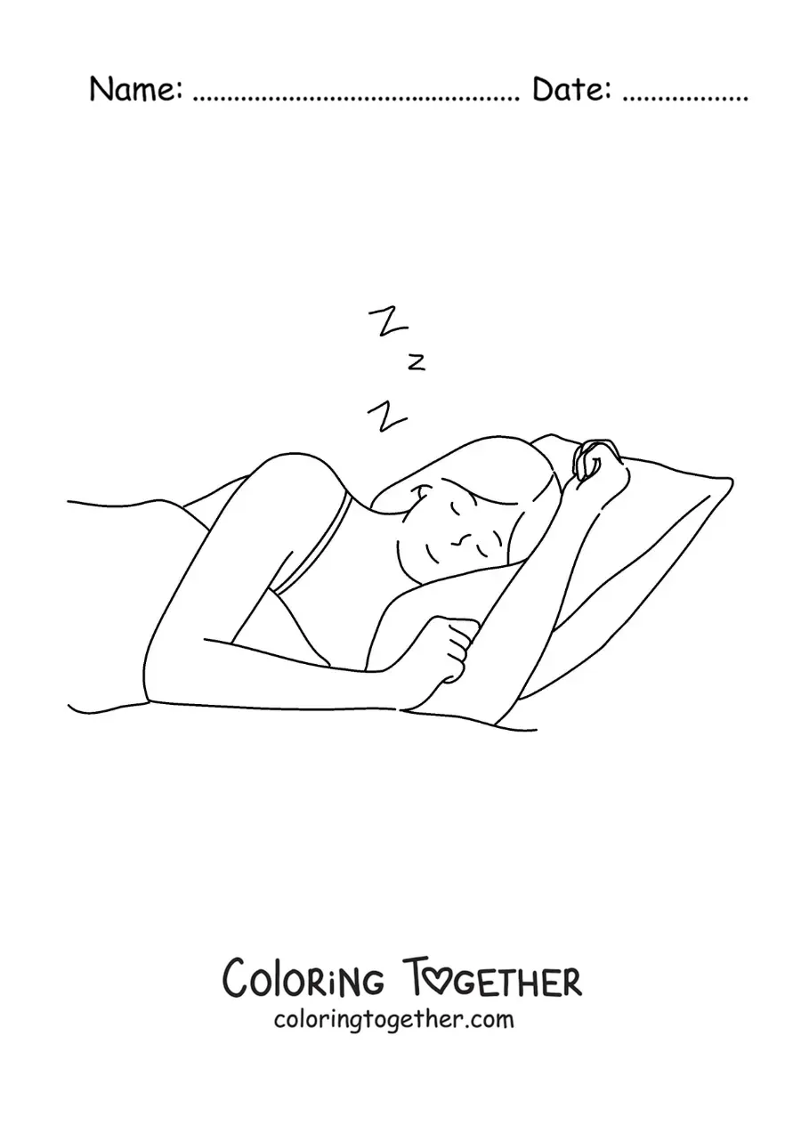 Coloring page of a girl sleeping cozy on her pillow