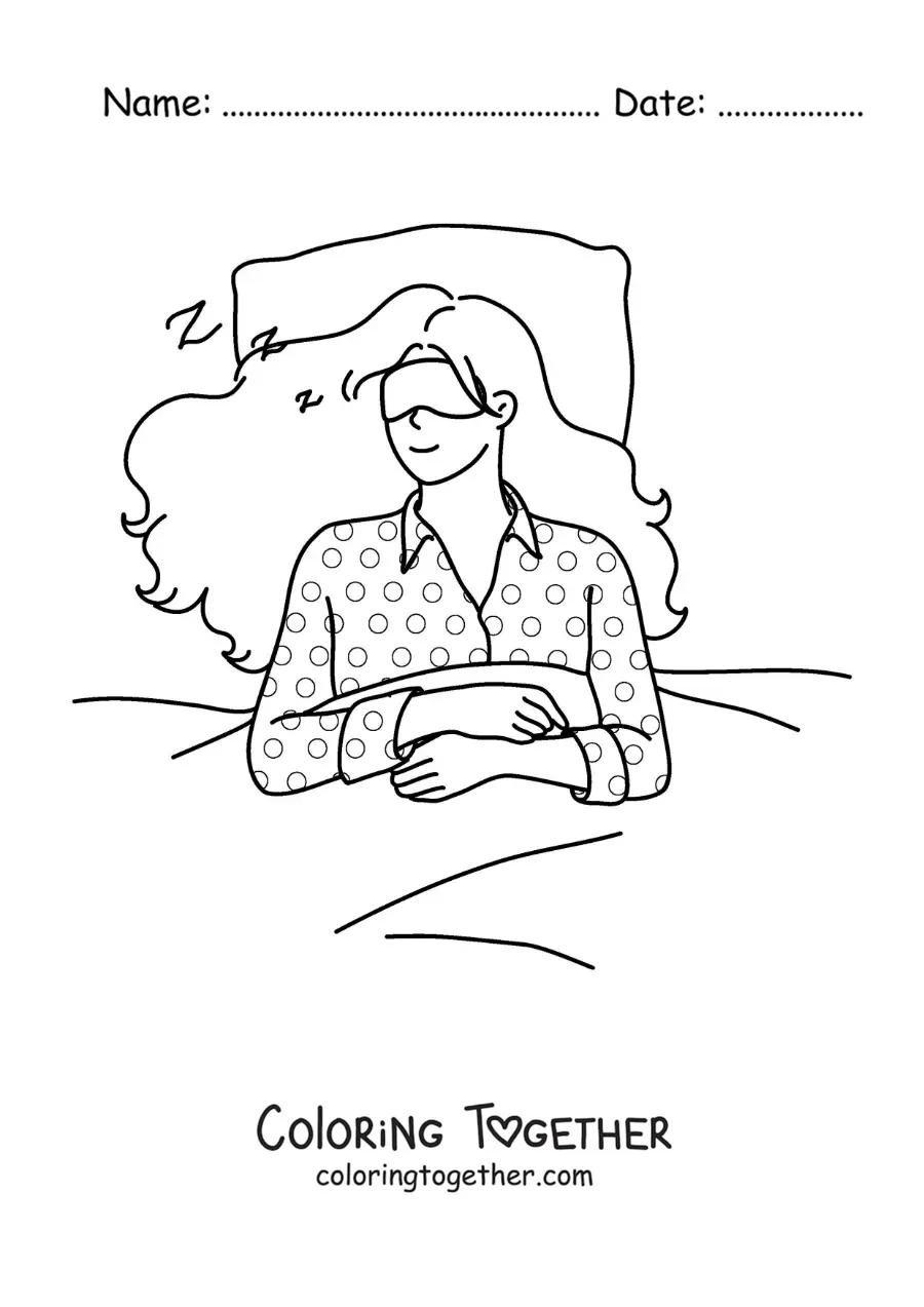 Coloring page of a girl sleeping in her bed with an eye mask