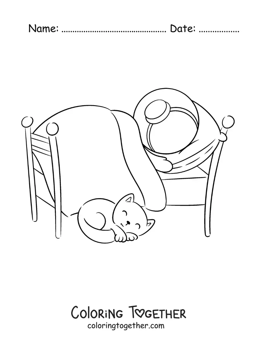 Coloring page of an animated astronaut sleeping in bed with his cat
