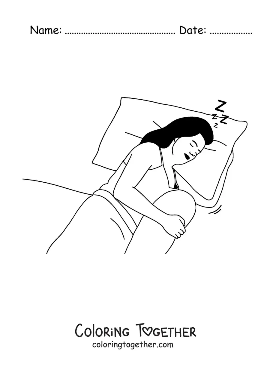 Coloring page of a woman asleep in bed