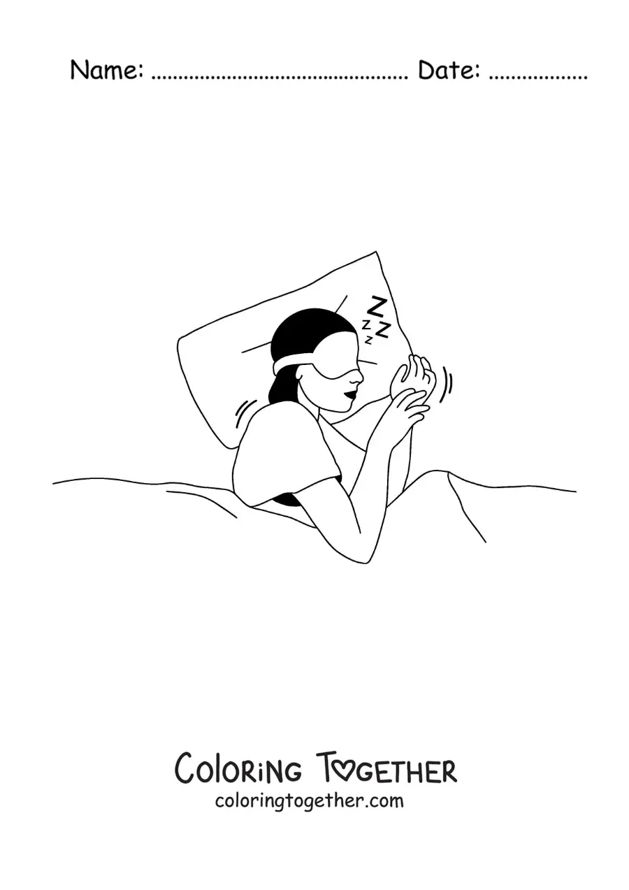 Coloring page of a woman sleeping with an eye mask