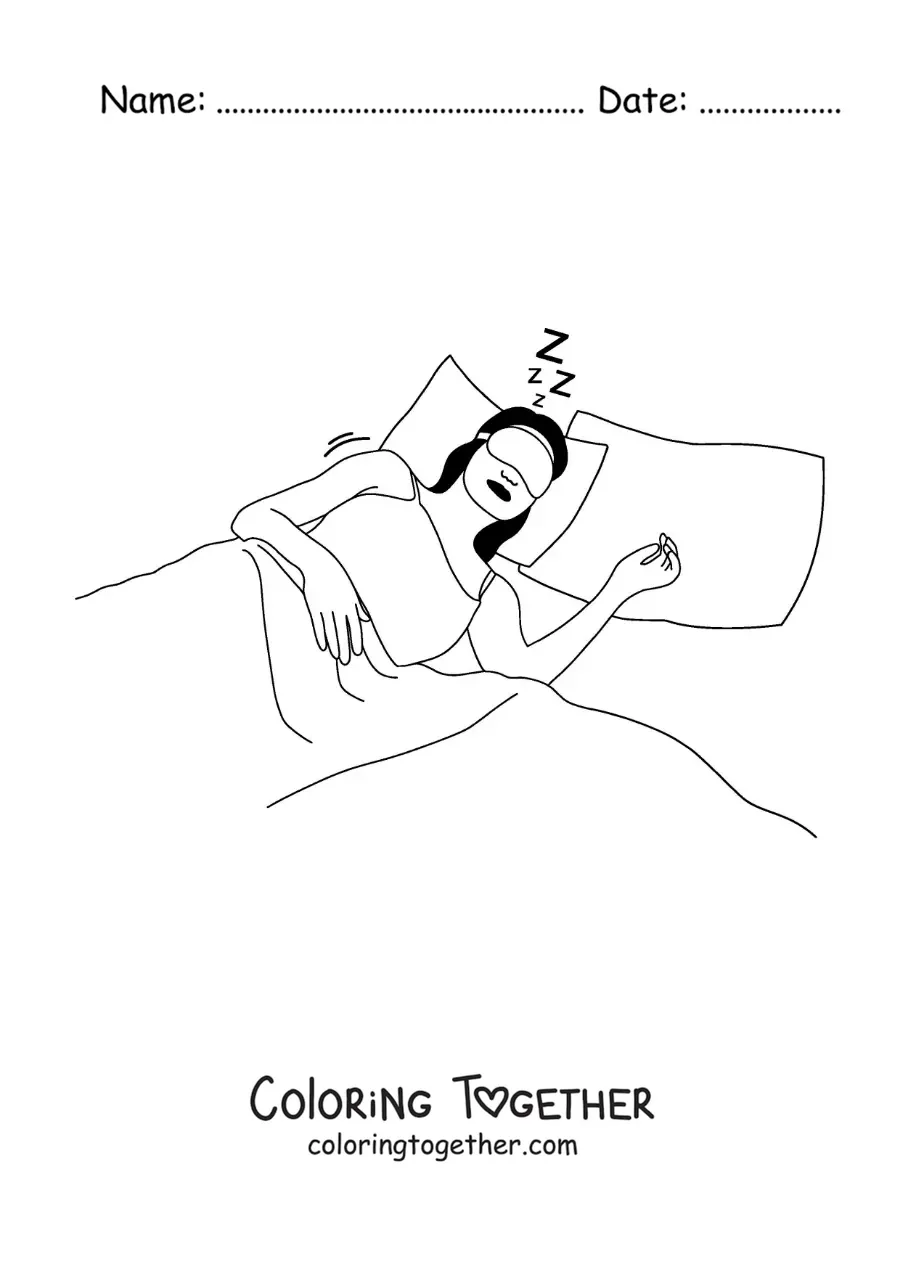 Coloring page of a woman asleep in bed with an eye mask