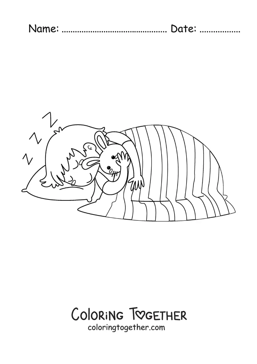 Coloring page of a boy sleeping in bed with his plush rabbit