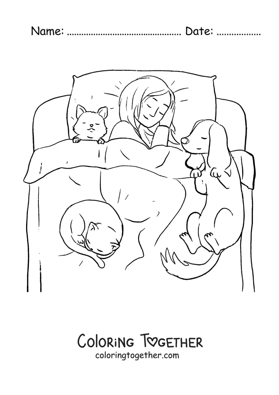 Coloring page of a girl sleeping in bed with her pets
