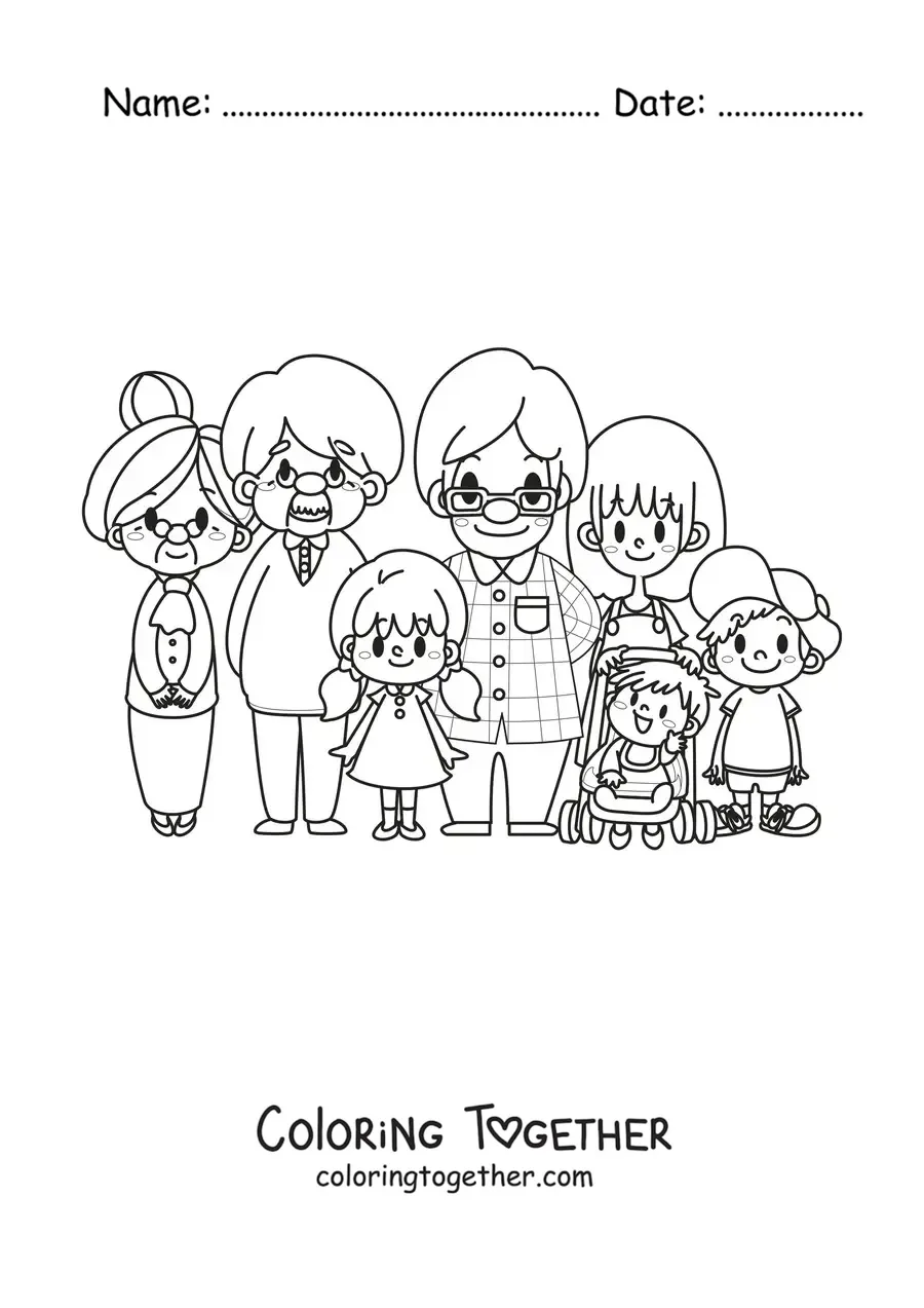 Coloring page of a kawaii family posing with a pair of grandparents