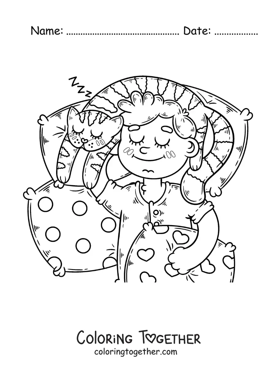 Coloring page of a boy sleeping in bed with his cat