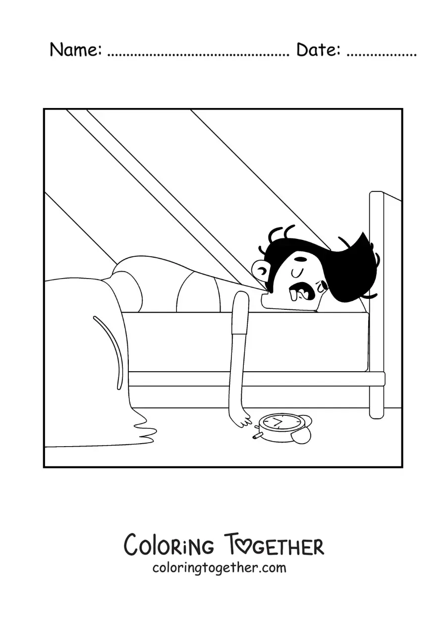 Coloring page of a man sleeping in late in his bed