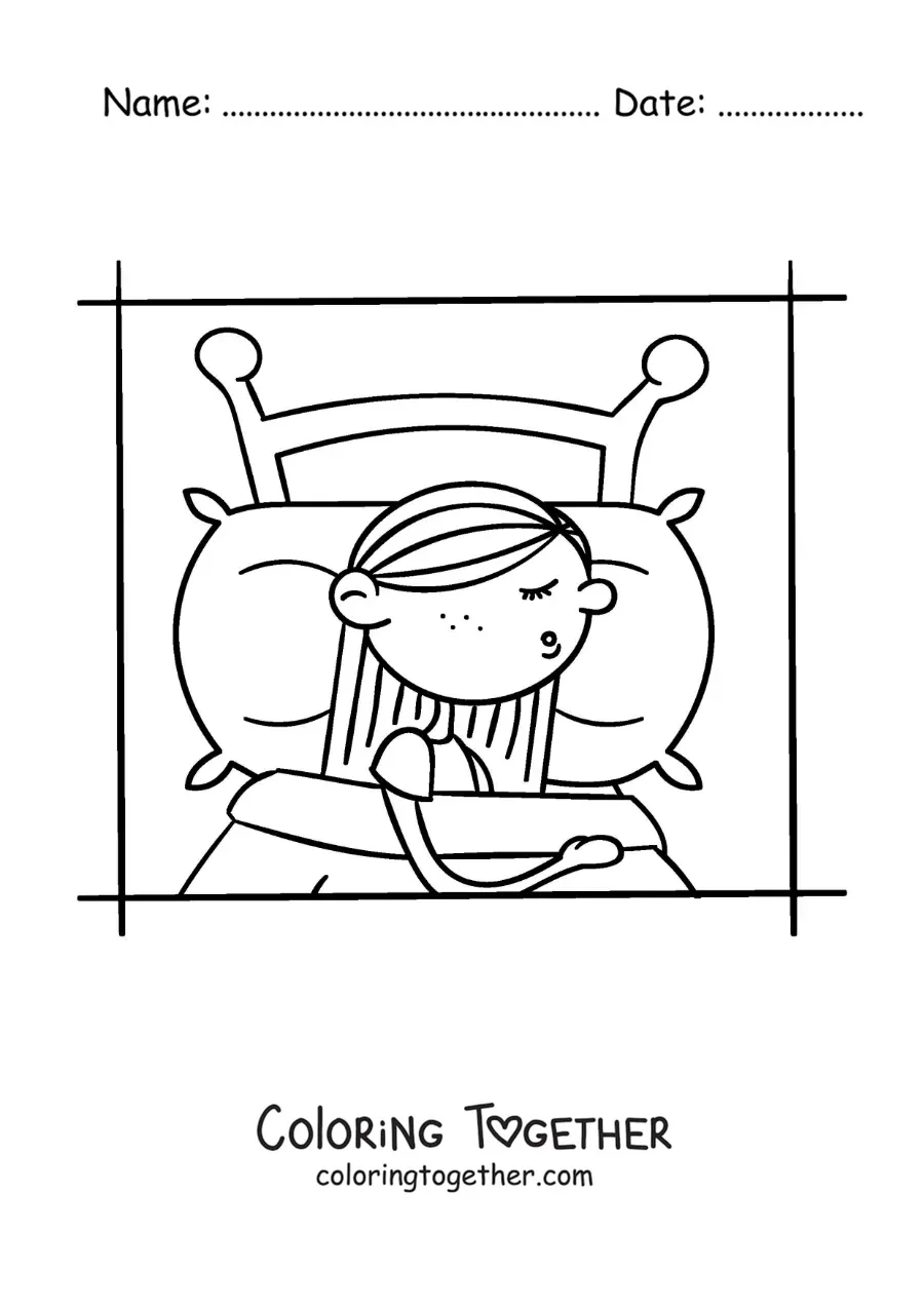 Coloring page of a cartoon of a girl sleeping in her bed