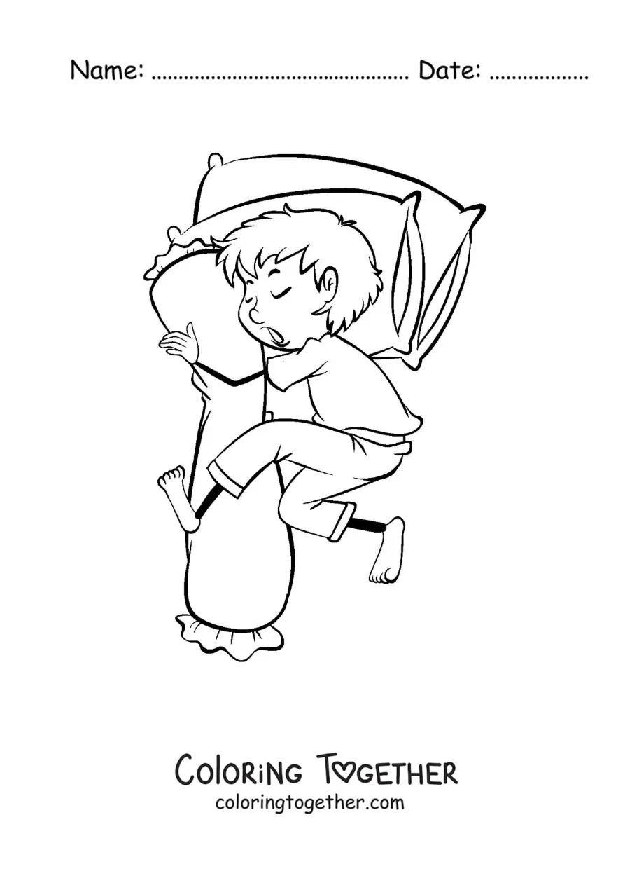 Coloring page of an animated boy sleeping while hugging a pillow