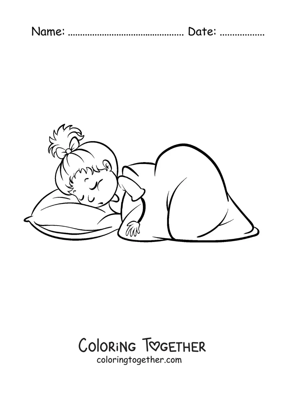 Coloring page of an animated girl sleeping with a blanket