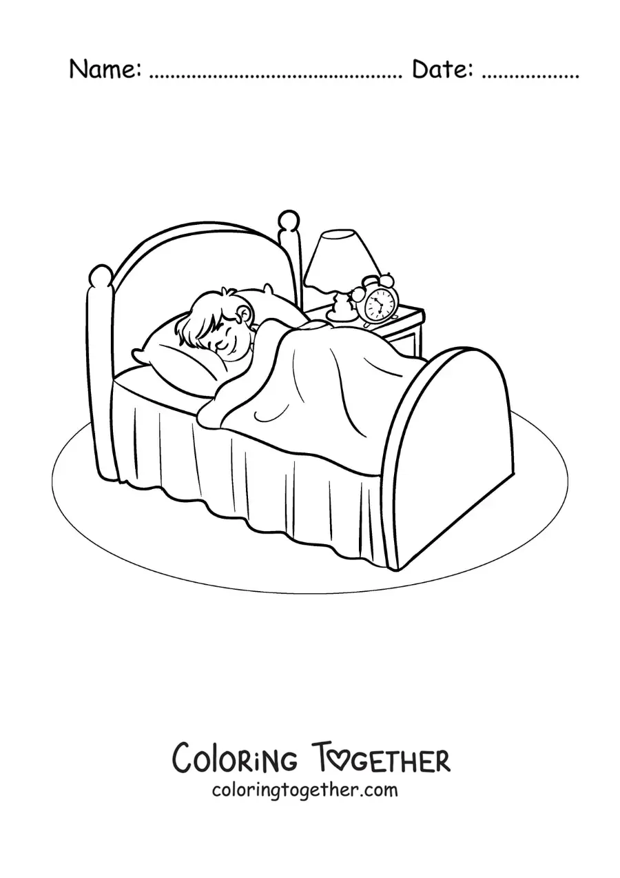 Coloring page of an animated boy sleeping in his room with an alarm clock