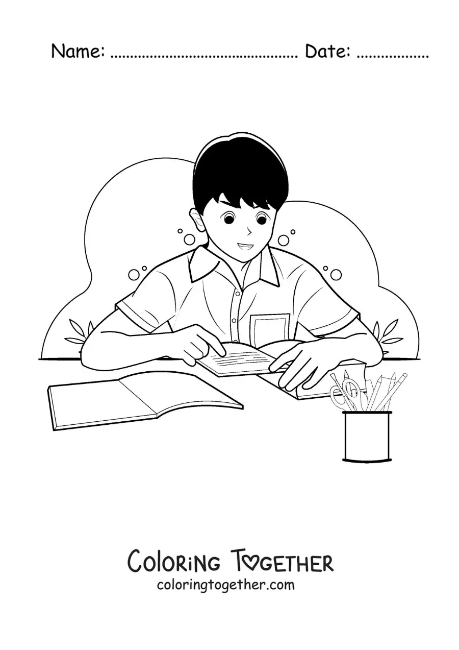 Coloring page of a boy in uniform studying from a book