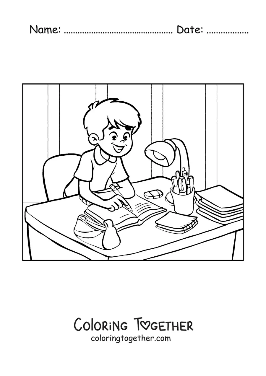 Coloring page of a boy writing his homework at a desk