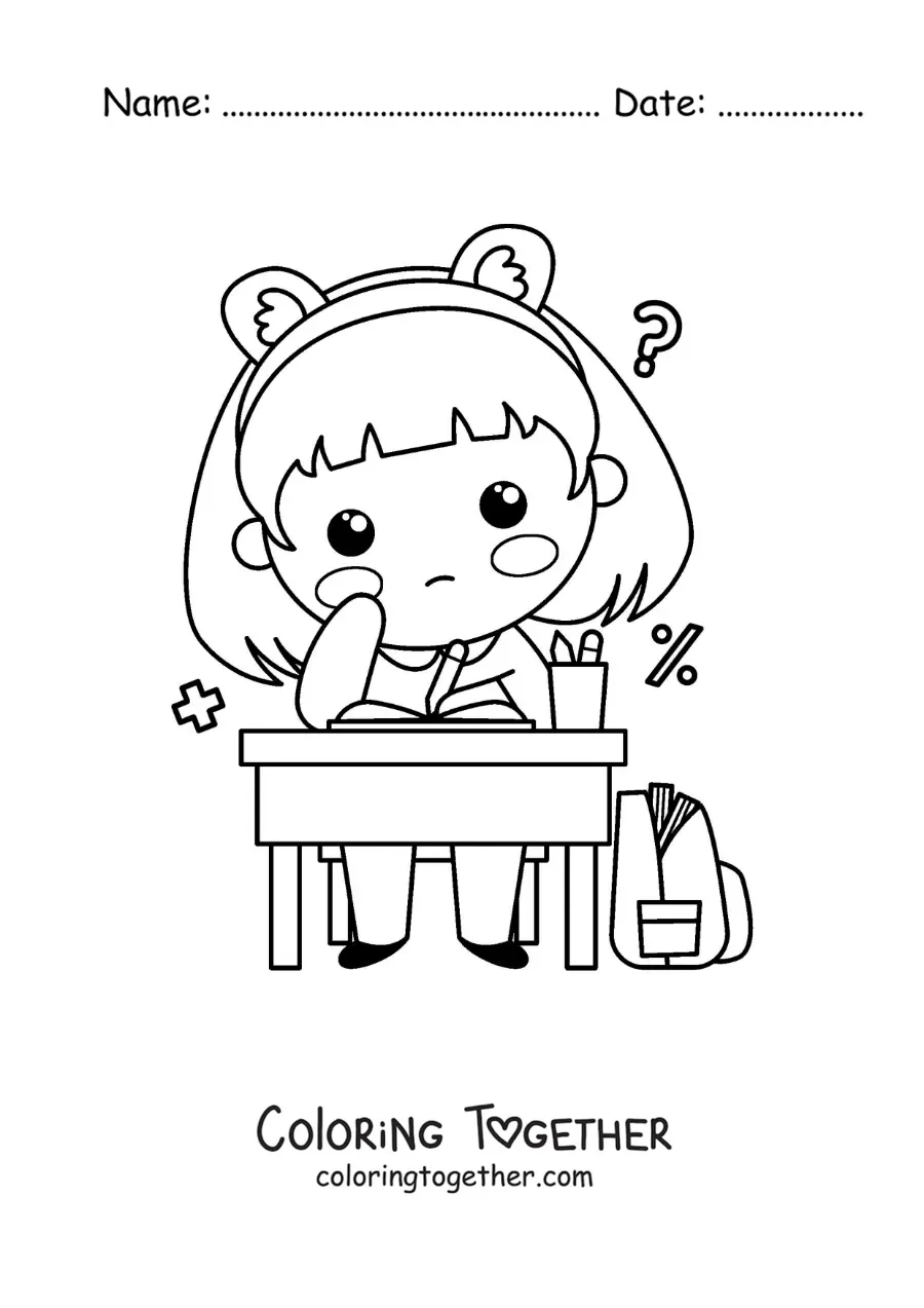 Coloring page of a kawaii girl doing her math homework at a desk