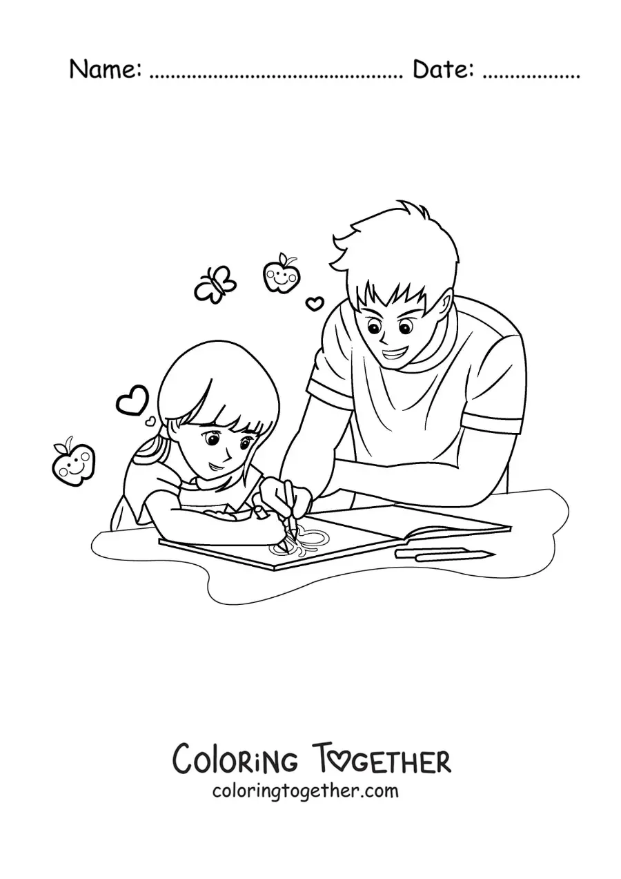 Coloring page of a father helping his daughter do her homework