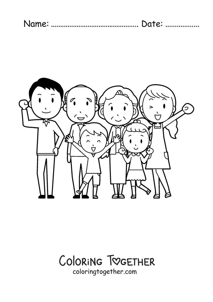 Coloring page of a family of six members