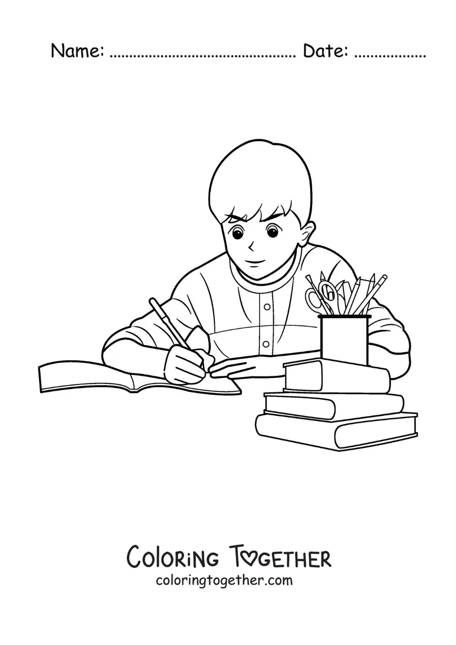Coloring page of a boy doing his homework at the table