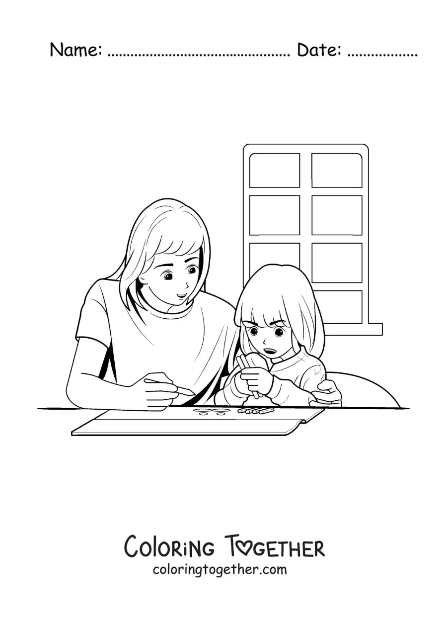 Coloring page of a mother helping her daughter do her homework