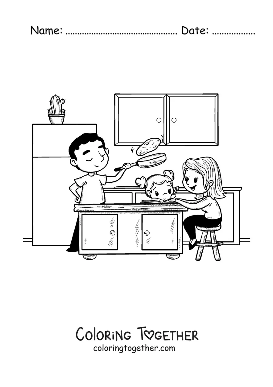 Coloring page of a mother helping her daughter with homework while dad cooks
