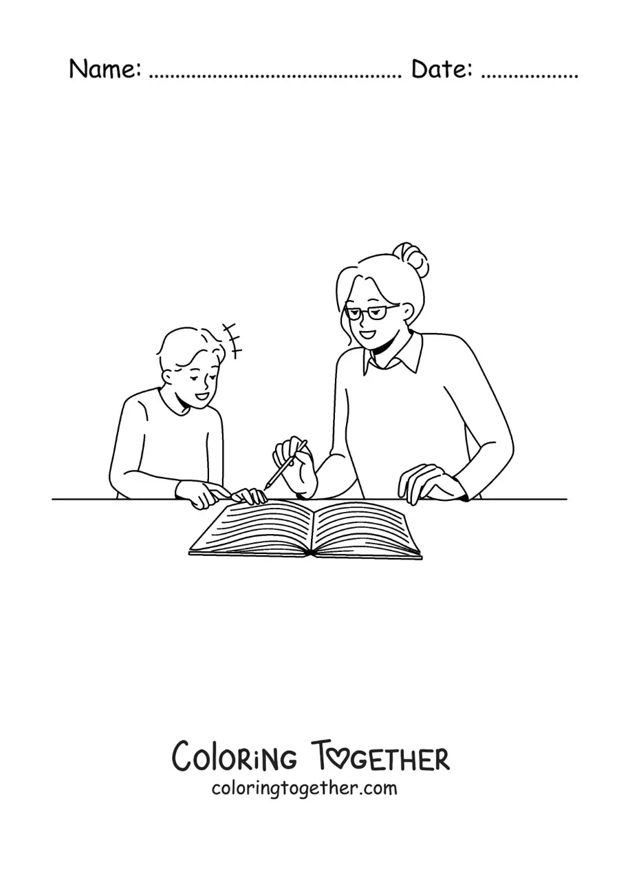 Coloring page of a mother helping her son with his homework