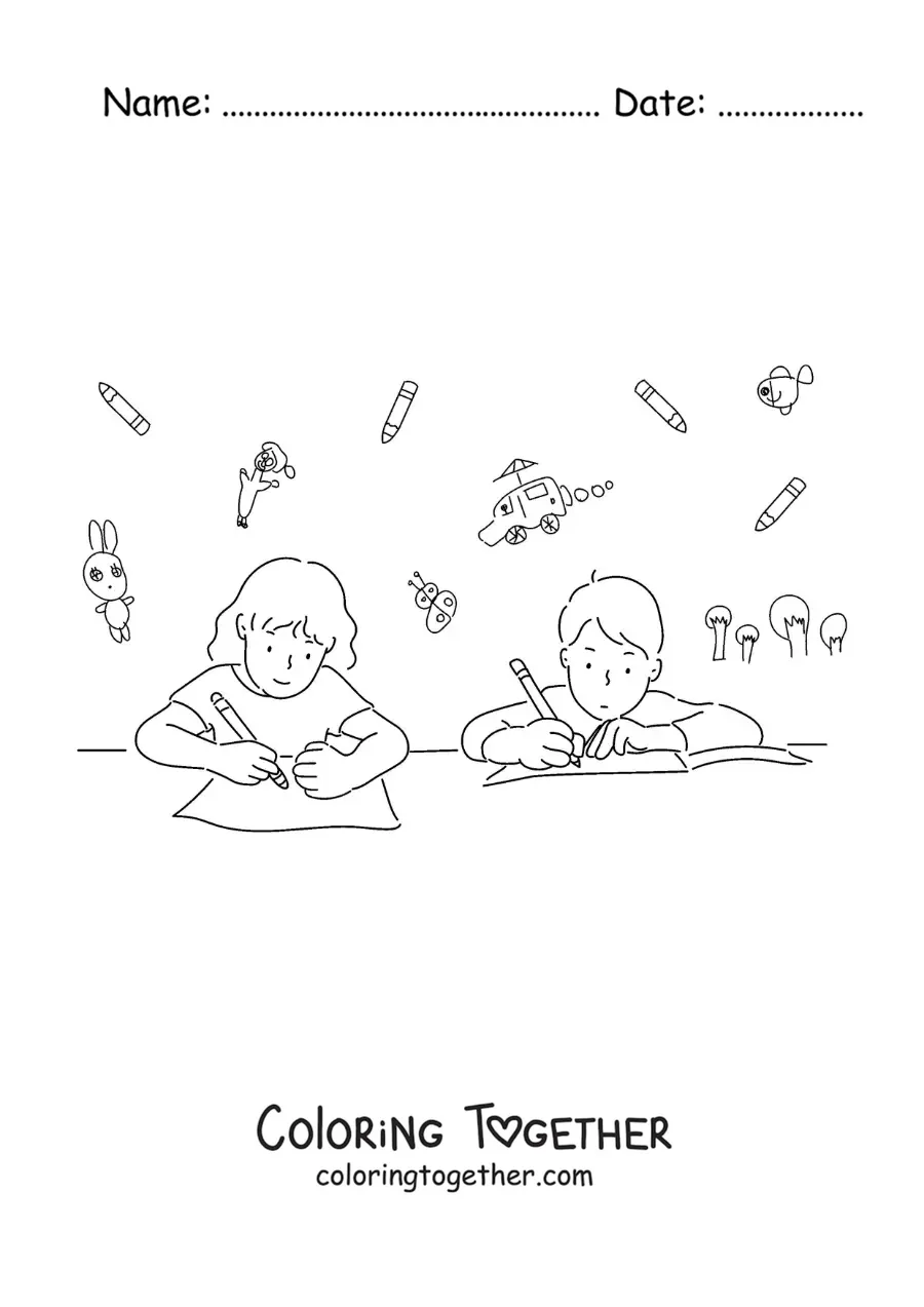 Coloring page of two kids doing their homework at the table