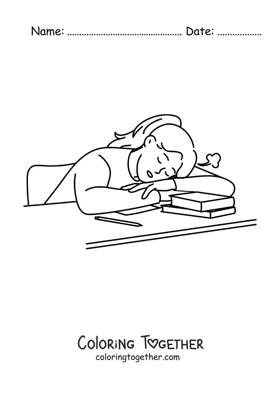 Coloring page of a girl asleep at the table after doing her homework