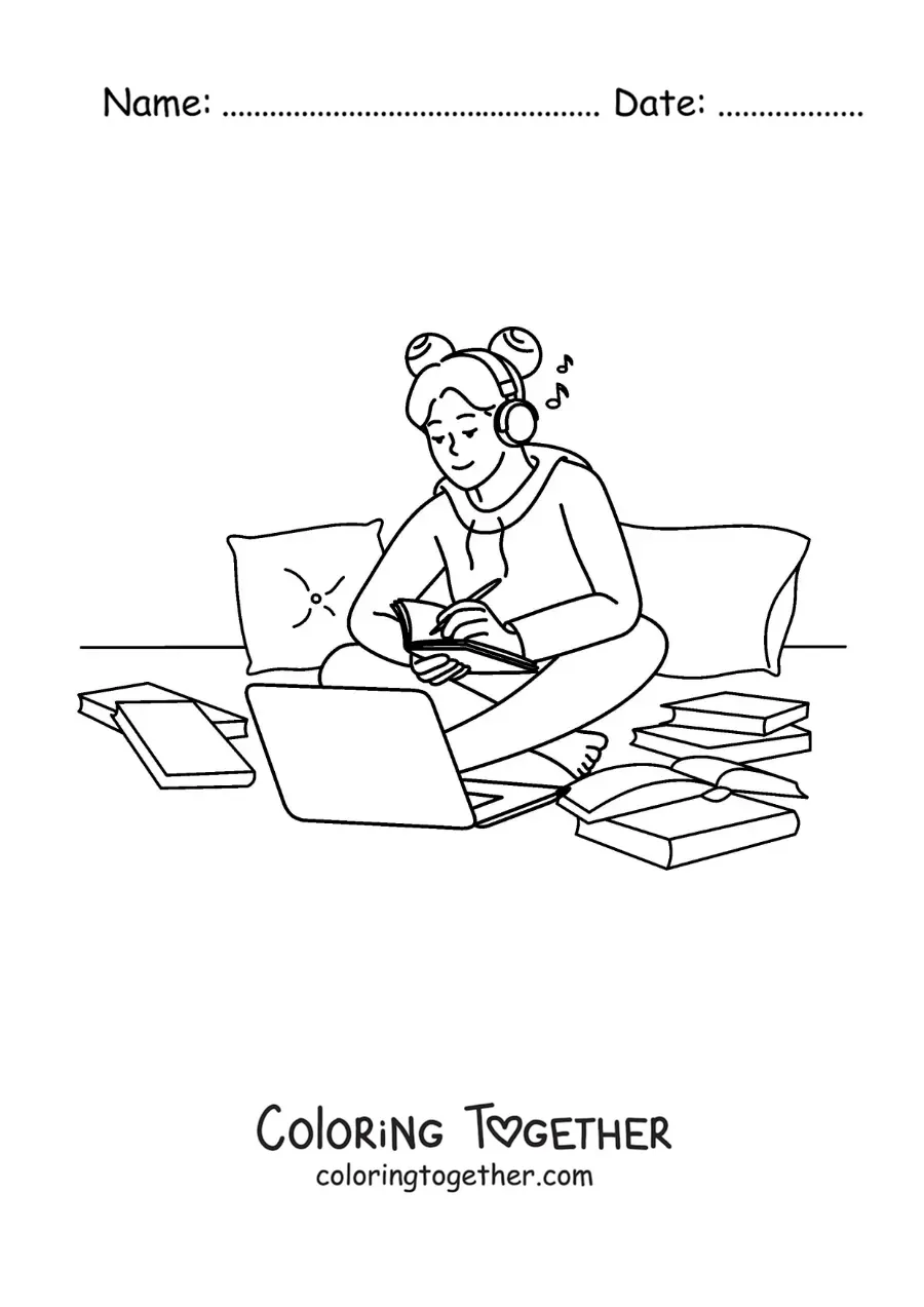 Coloring page of a girl doing her homework with the help of a laptop