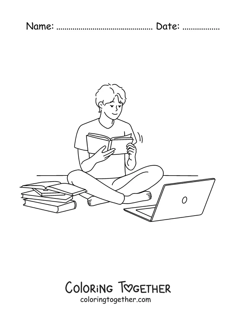Coloring page of a boy doing his homework with the help of a laptop