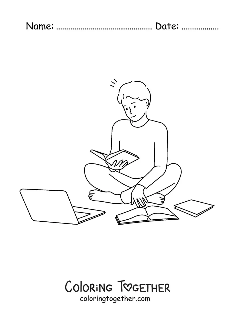 Coloring page of a boy studying for school with books and a laptop