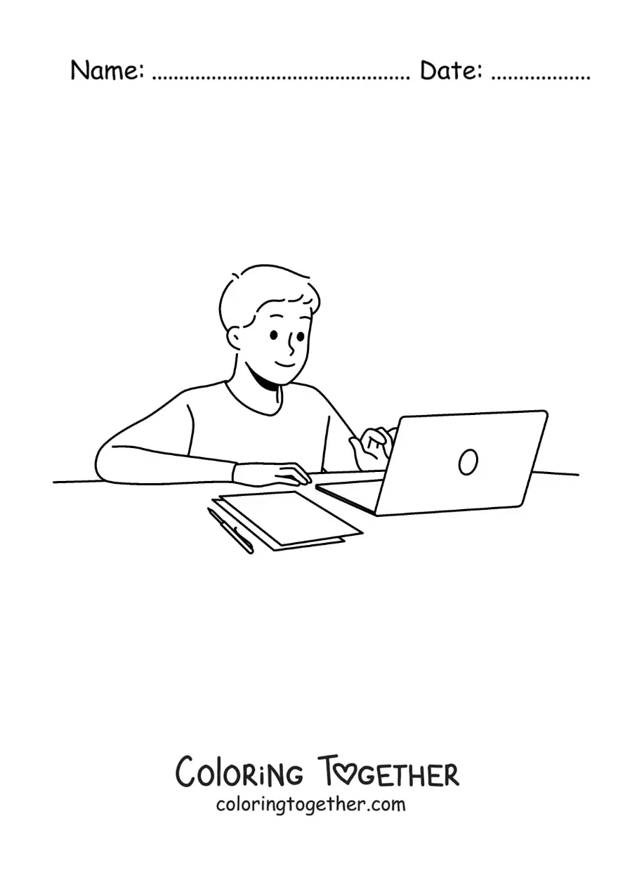 Coloring page of a boy researching for his homework with a laptop