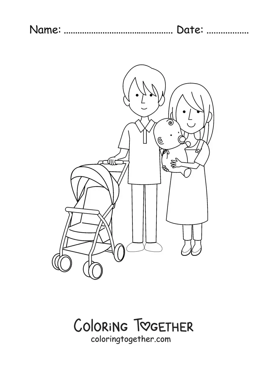 Coloring page of two parents taking a baby for a walk