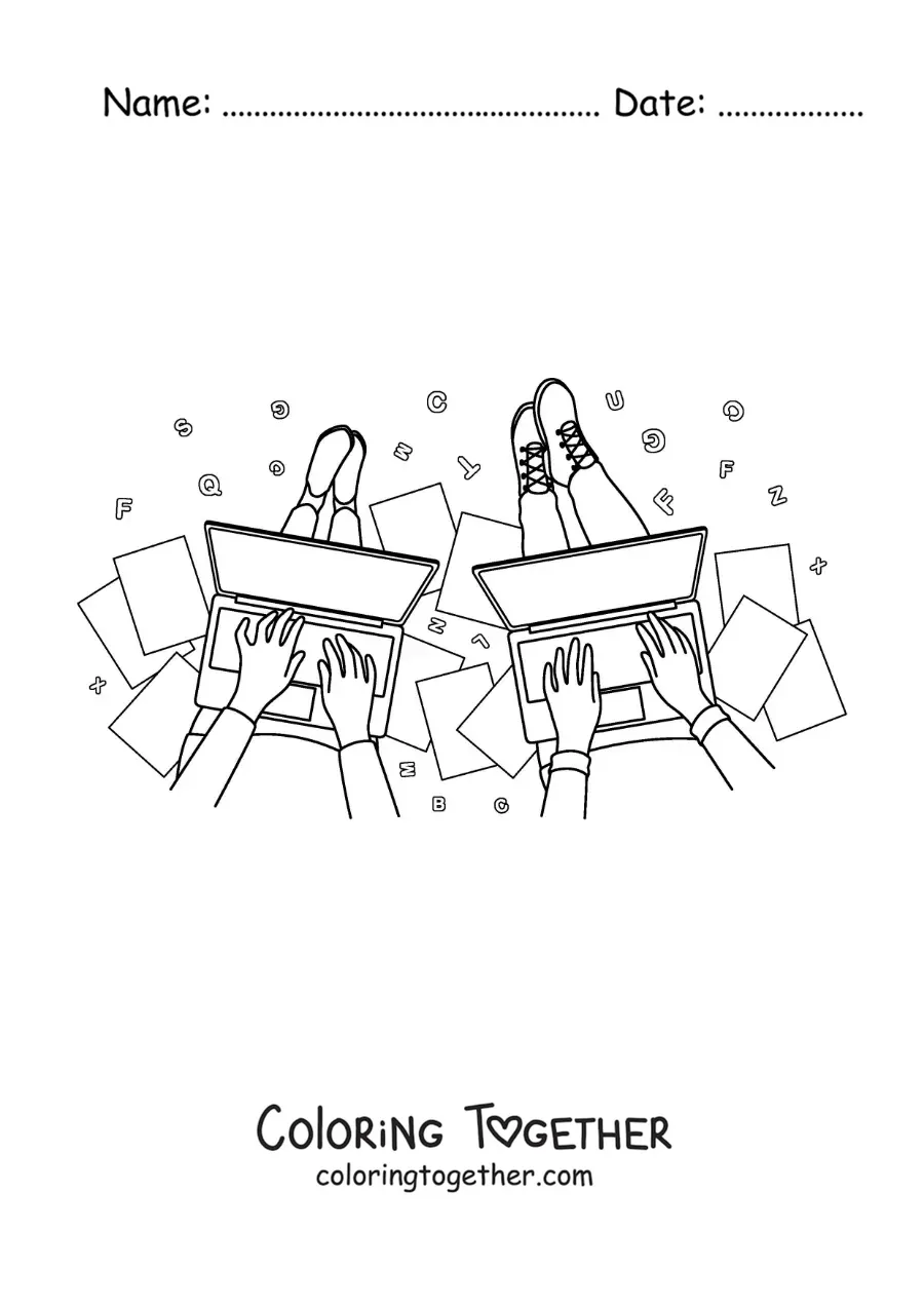 Coloring page of two teens sitting doing their homework on computers