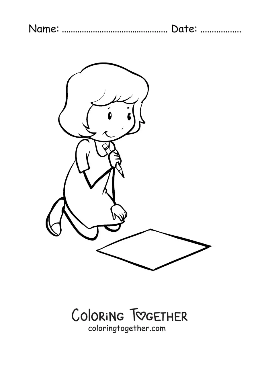 Coloring page of a girl writing on the floor