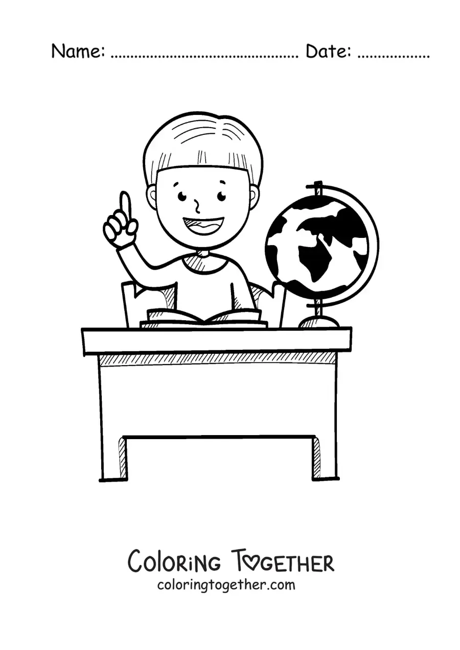 Coloring page of a boy raising his hand at a desk
