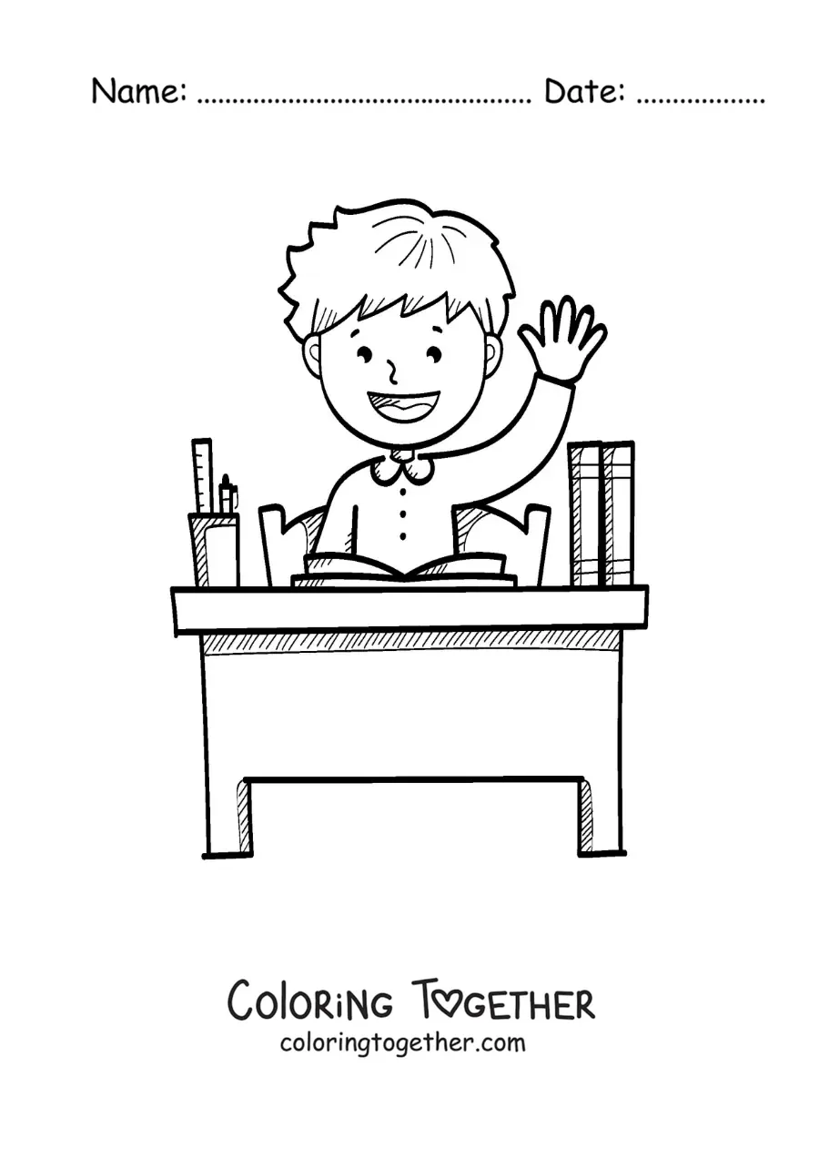 Coloring page of a boy raising his hand at a desk