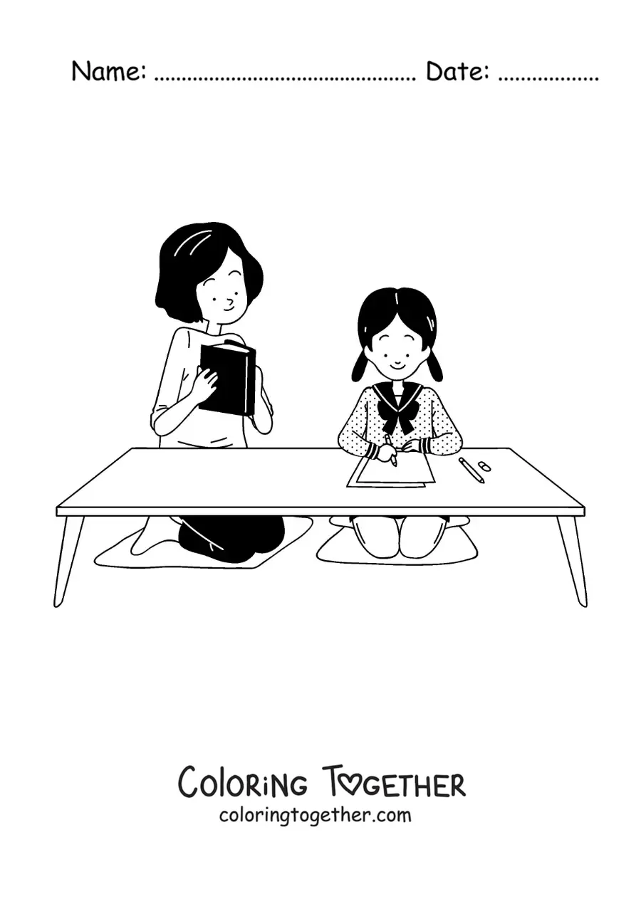 Coloring page of a mom helping her daughter with homework after school