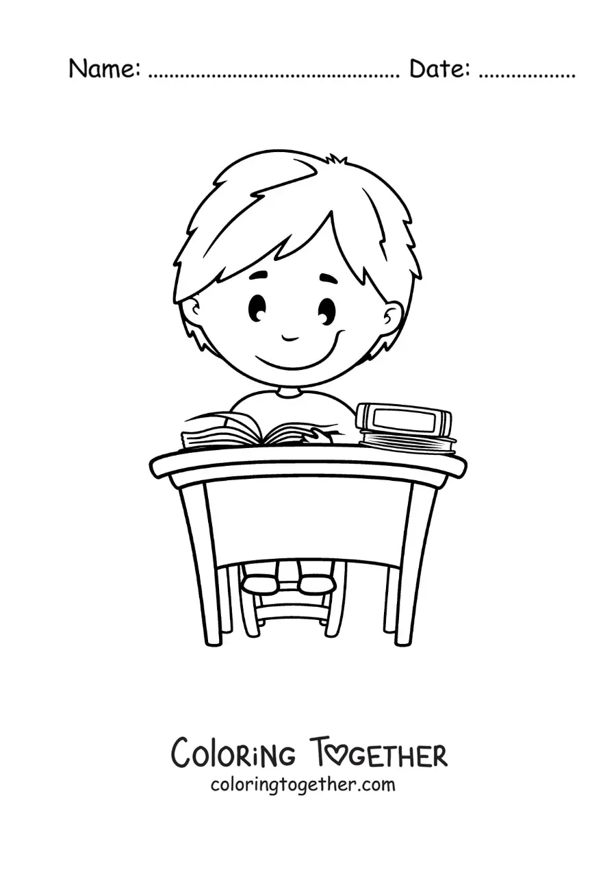 Coloring page of a boy sitting reading at a desk