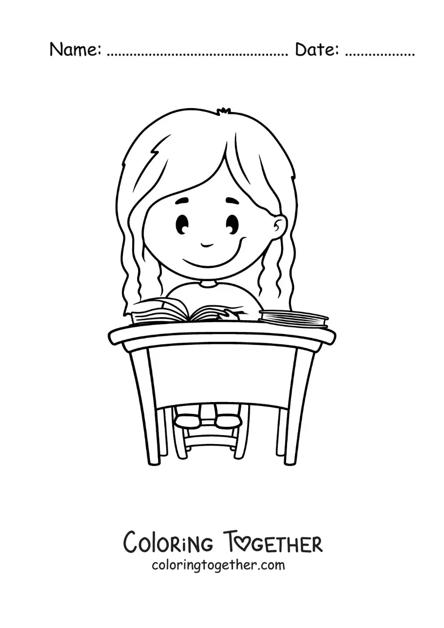 Coloring page of a girl sitting studying at a desk