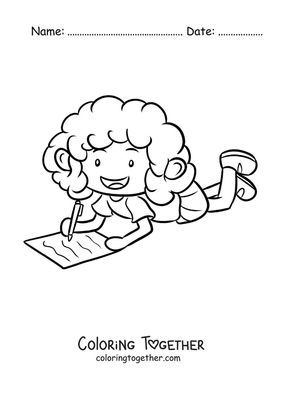 Coloring page of a girl writing her homework on the floor