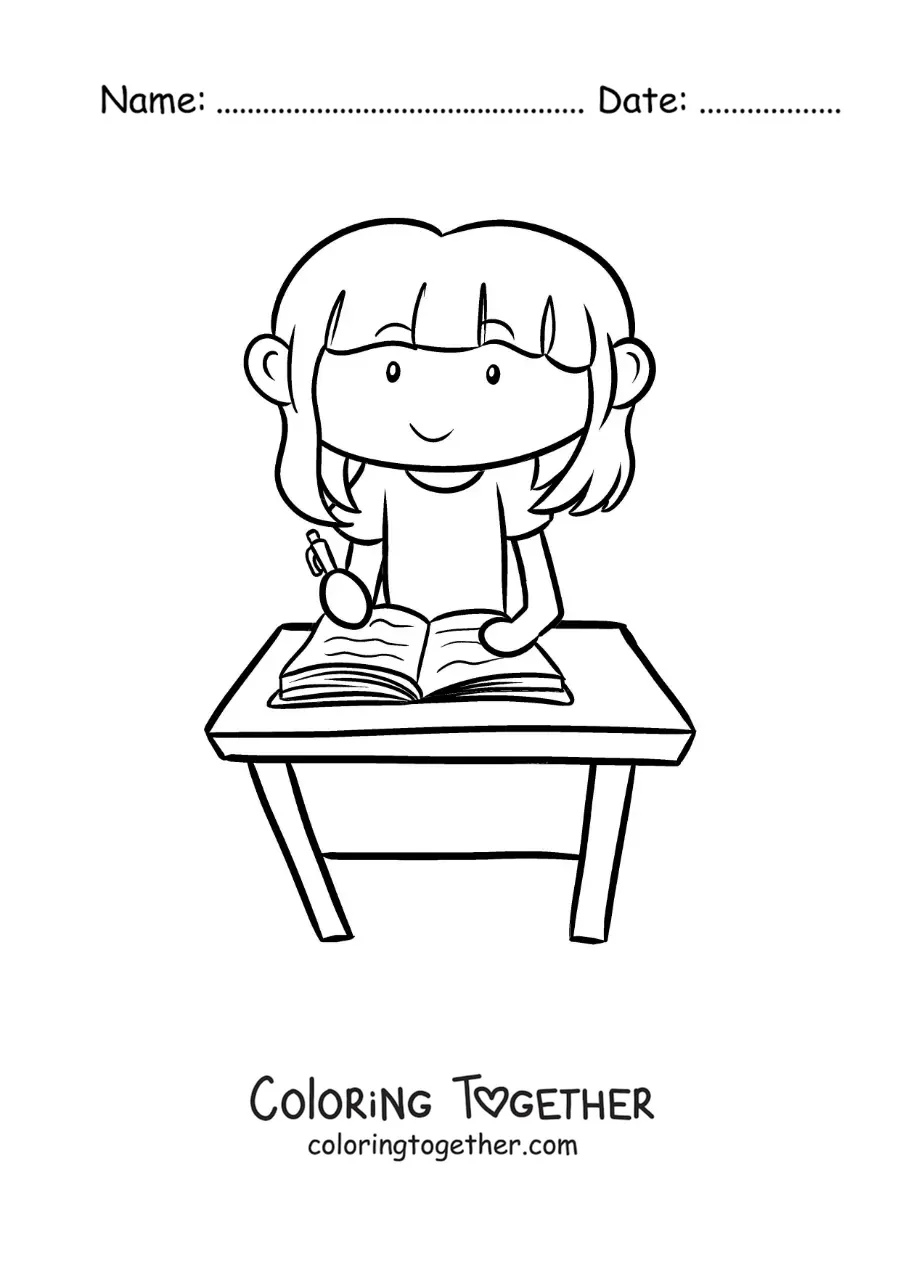 Coloring page of a girl writing her homework at a desk